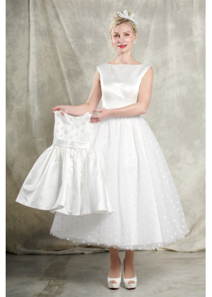 Ivory Satin Polka Dots Tulle V Back Tea Length Wedding Dress